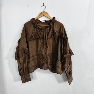 Karen Walker Spring Ruffle Eyelet Tiered Cotton Tan Brown Boho Blouse